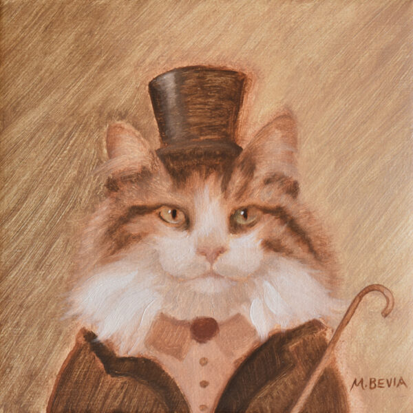 Long Hair Tabby Cat Gentleman, 2022, oil on canvas by artist Miguel Bevia