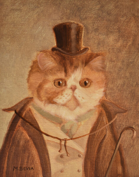 Persian Cat in Vintage Clothing, 2021, oil on canvas panel by artist Miguel Bevia