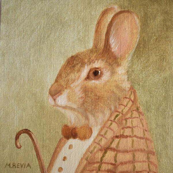 Wonderland Rabbit, 2021, oil on canvas panel by artist Miguel Bevia